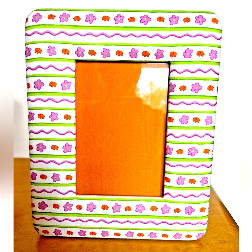 VTG Jim Thompson Silk Elephants Flowers 4x6 Photo Frame White Grn Org Pink